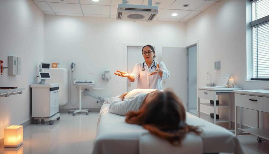 A clinical environment with a healthcare professional performing energetic therapy. Bright, sterile medical room with white walls and floors, modern equipment and furnishings. In the foreground, a person lying on a treatment table, eyes closed, as the practitioner hovers their hands above the patient's body, emanating a soft, glowing energy. Warm, calming lighting casts a serene atmosphere, capturing the tranquil, intangible nature of this holistic healing modality. Subtle details like crystals, candles, or ambient nature sounds hint at the integrative, mind-body-spirit approach. The image conveys the intersection of scientific inquiry and alternative medicine, reflecting the modern perspective on this ancient practice.
