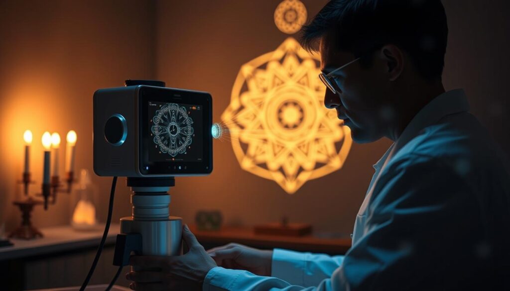 A high-tech scientific instrument meticulously measuring the energetic fields in an esoteric therapy session. The device's sleek, modern design blends seamlessly with the serene, dimly-lit room, its sensors precisely capturing the subtle vibrations and frequencies emanating from the subject. Soft, diffused lighting casts a warm, contemplative glow, highlighting the concentration and focus of the researchers as they study the data. In the background, mystical symbols and crystals suggest the profound, otherworldly nature of the phenomena being investigated. The overall mood evokes a sense of scientific exploration into the mysteries of alternative healing modalities.