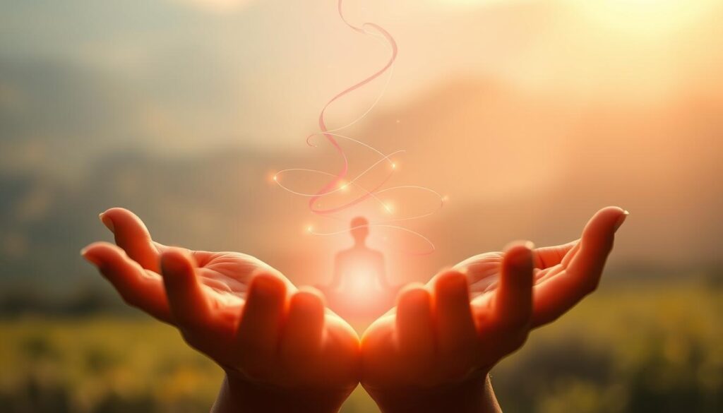 A serene, ethereal energy field radiating from the palms of a healer's hands, encompassing a tranquil, meditative figure in the foreground. Soft, diffused lighting bathes the scene in a warm, calming glow, creating an atmosphere of profound relaxation and rejuvenation. The middle ground features delicate, swirling tendrils of colorful energy, representing the flow of life force and the therapeutic benefits of Reiki Usui. In the background, a blurred, natural landscape serves as a soothing, grounding element, anchoring the viewer in the present moment. The overall composition evokes a sense of harmony, balance, and the profound healing power of this ancient Japanese energy therapy.