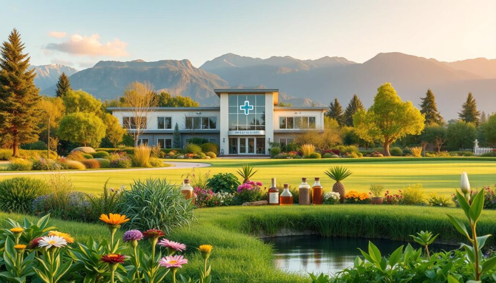 A serene landscape showcasing the harmonious integration of conventional and alternative medicine practices. In the foreground, a tranquil garden with lush greenery, vibrant flowers, and a peaceful water feature. At the center, a modern medical clinic with a harmonious blend of traditional and holistic design elements. The middle ground features a diverse array of medicinal herbs, plants, and natural remedies, representing the complementary nature of integrative medicine. The background depicts a scenic mountain range bathed in soft, warm lighting, evoking a sense of balance and well-being. The overall composition conveys the benefits of combining conventional and alternative therapies to provide a comprehensive approach to healthcare.
