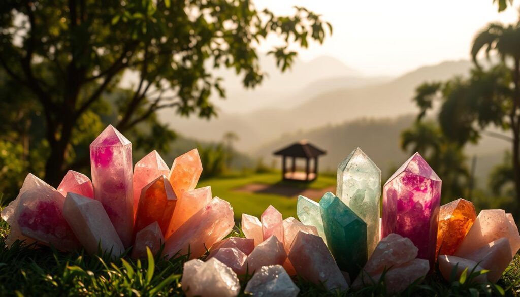 A serene Brazilian landscape, featuring a tranquil outdoor scene with lush greenery and a hazy, warm lighting. In the foreground, a collection of vibrant, crystalline formations in various sizes and shapes are artfully arranged, casting a soft, ethereal glow. The middle ground showcases a modest, rustic structure, perhaps a small pavilion or temple, blending seamlessly with the natural environment. In the background, rolling hills and a hazy, distant horizon create a sense of depth and tranquility. The overall atmosphere evokes a sense of harmony, spirituality, and the deep connection between the Brazilian culture and the power of crystals.