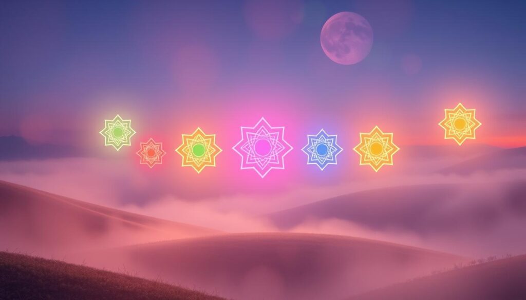 A vibrant, ethereal depiction of the seven chakras, the body's energetic centers. Intricate, glowing symbols representing the chakras float in a serene, otherworldly landscape. Soft, diffused lighting bathes the scene, creating a peaceful, contemplative atmosphere. The chakras appear as luminous, geometric shapes in a spectrum of jewel-toned colors, radiating an aura of spiritual balance and harmony. The overall composition conveys a sense of inner tranquility and the flow of vital energy through the subtle body. Captured with a wide-angle lens to provide a sense of depth and expansiveness, this image beautifully illustrates the concept of chakras and their influence on one's vital energy.