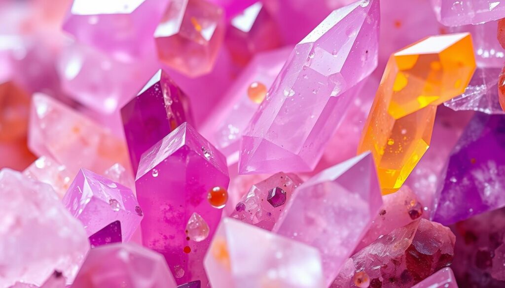 Detailed microscopic view of colorful quartz and amethyst crystals, their interior structures and energetic properties. Crystalline formations in vivid shades of purple, pink, orange, and yellow, illuminated by soft, diffuse lighting to highlight the intricate facets and natural beauty. Capture the scientific essence of the crystal's ability to store, transmit, and radiate subtle energy fields. Precise, high-resolution rendering with a depth of field that keeps the crystals in sharp focus while subtly blurring the background. Convey a sense of wonder, harmony, and the hidden power within these ancient, natural formations.